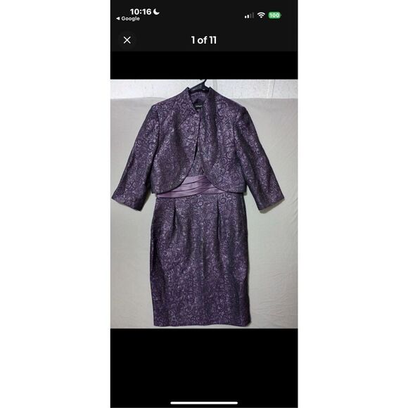 R&M Richards 6 Dress & Jacket 2-PC Set Plum Purple Jacquard Swirl Wedding Guest - Picture 2 of 15